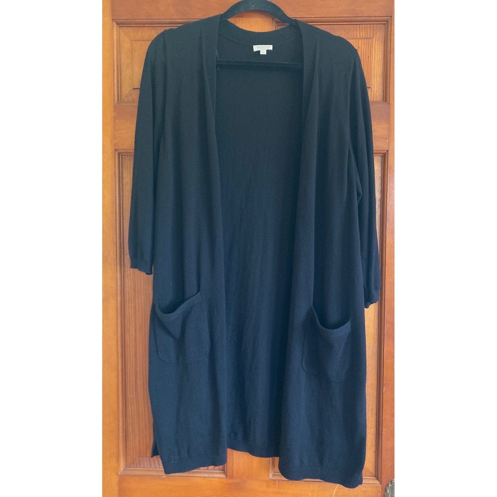 Talbots Womens 1X Black Open Front Longline Pocket Knit Cardigan Sweater Minimal